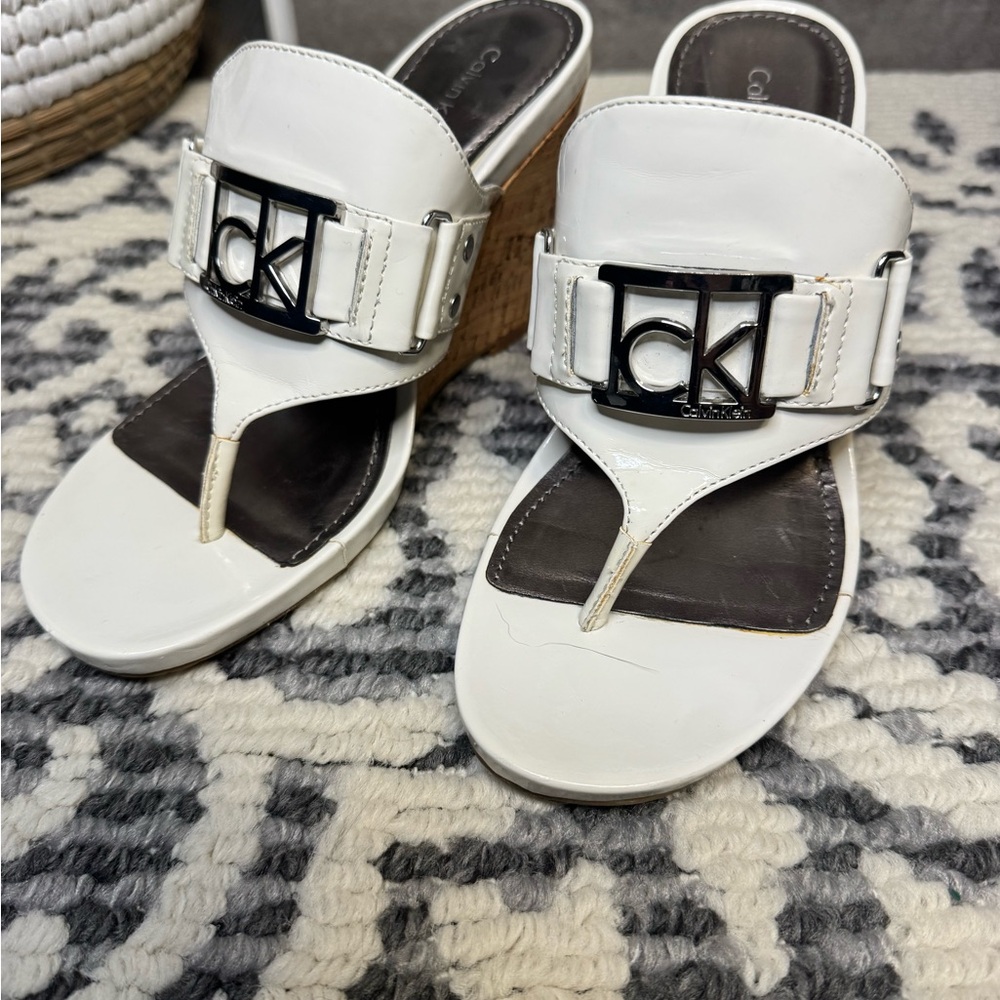 Calvin Klein White Wedge Sandals with Logo Accent